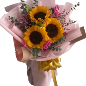 Ramo de 3 Girasoles con Eucalipto y Statice Fucsia (bouquet girasoles)