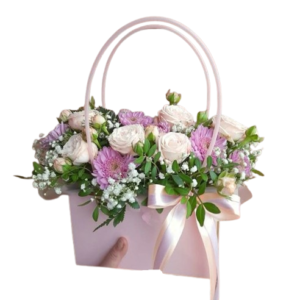 Bolso de Flores con Rosas Blancas y Margaritas Lila (bolso de flores)