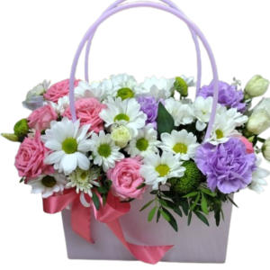 Bolso de Flores con Margaritas Blancas, Rosas y Claveles Lila (bolso de flores)