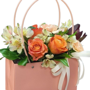 Bolso de Flores con Rosas Naranja y Astromelias (bolso de flores)