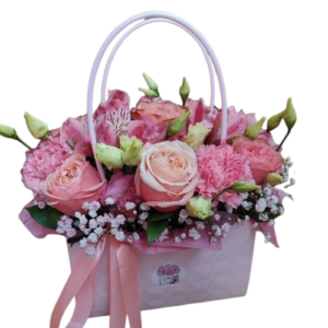 Bolso de Flores con Rosas Rosadas, Lisianthus y Claveles (bolso de flores)