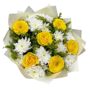 Ramo de Rosas Amarillas y Margaritas Blancas con Solidago (bouquet flores amarillas)