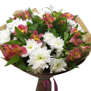 Ramo de Margaritas Blancas y Astromelias Rosadas (bouquet flores blancas)