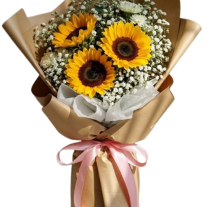 Ramo de 3 Girasoles con Gypsophila en Papel Kraft (bouquet girasoles)