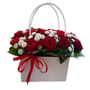 Bolso de Flores con 24 Rosas Rojas y Pompones Blancos (bolso de rosas)